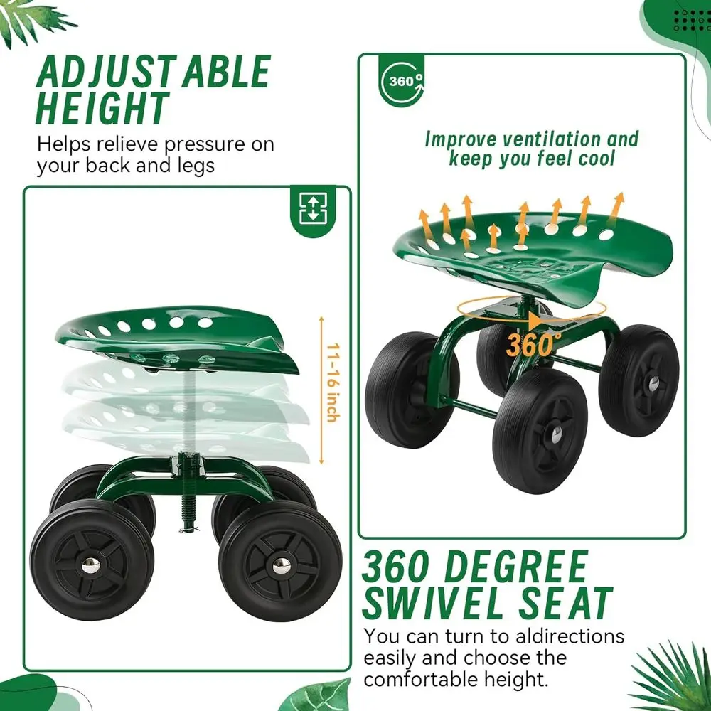 360 °   Carrinho de jardim giratório com assento para homens e mulheres, scooter para idosos para trabalho ao ar livre no quintal (verde)