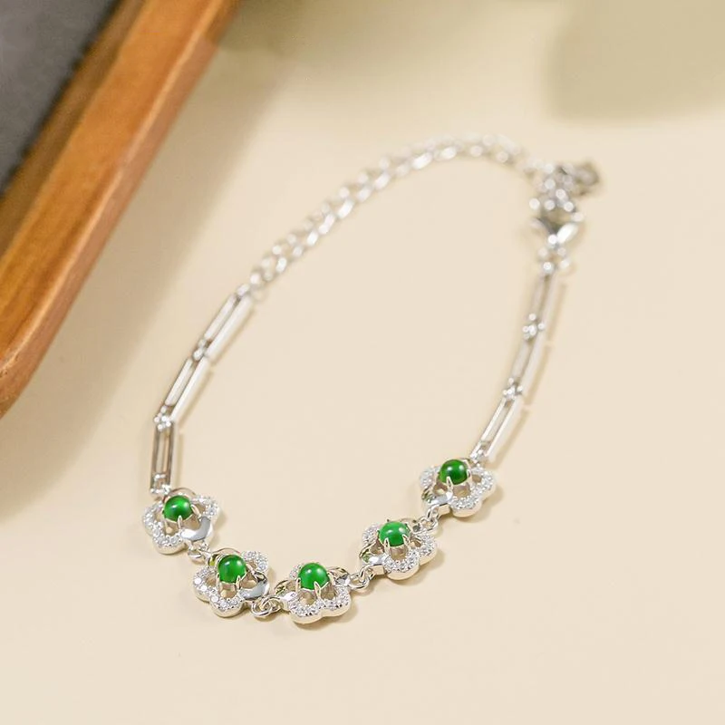 Inspiration Hollowed Out Natural Chalcedony Flower Green Bangles Classic Design Chain Bracelet for Women Silver Jewelry