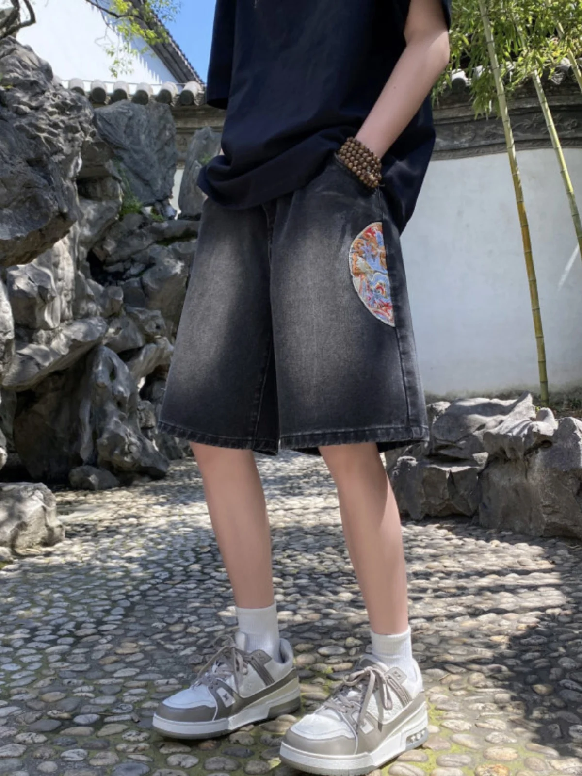 

Loose Straight Leg Men's Denim orts Summer Casual Embroidery New Chinese Sle Low Waist Zipper Fly Youth Trend Resistant Wear