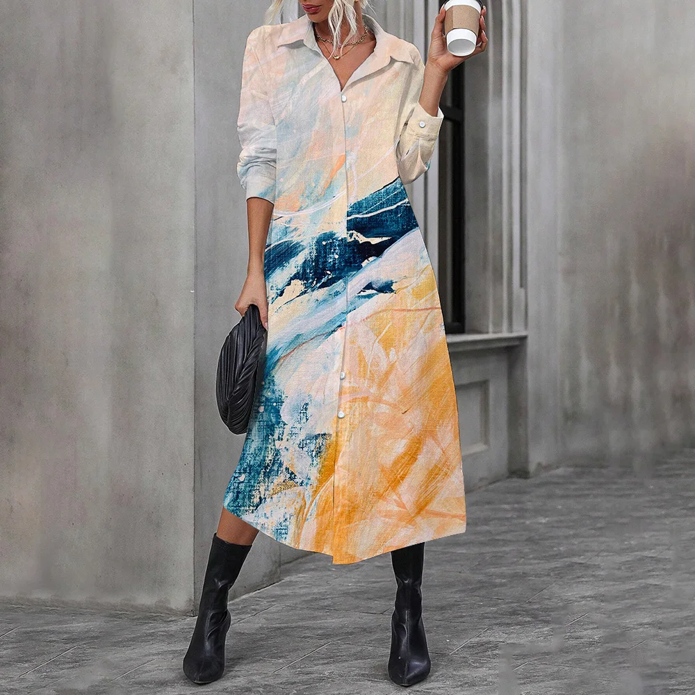 Autumn Abstract Colourful Printed Shirt Dress Elegant Women's Party Long Dress Ladies Turn-down Single-breasted Mid-length Dress