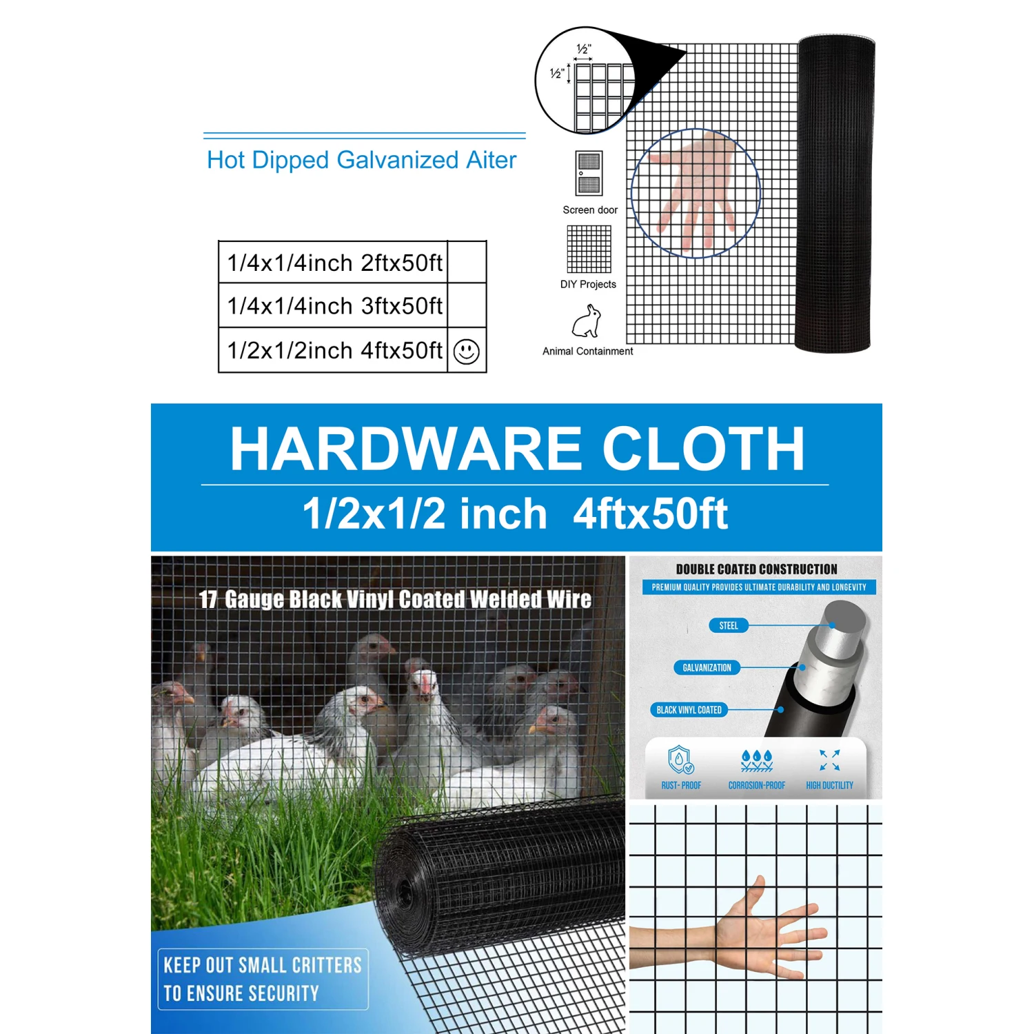 48 inch×50 ft Black Vinyl Coated Hardware Cloth, 19 Gauge 1/2 inch Black PVC Hardware Cloth, Black Welded Wire Fence Supports P