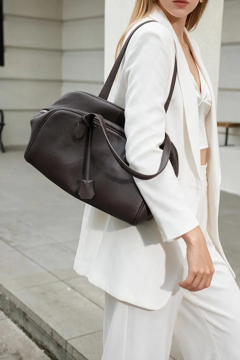 2026 New Top-Grain Leather Boston Pillow Bag, Bowling Underarm Bag, Korean Style Tote Shoulder Bag for Women