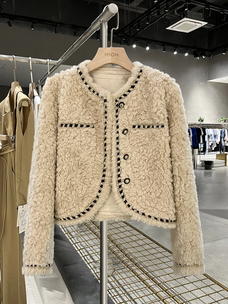 

Зимняя женская куртка из овечьей шерсти, маленький размер, с эффектом увеличения роста, новая коллекция осень-зима 2025, для повседневной носки, с пуговицами