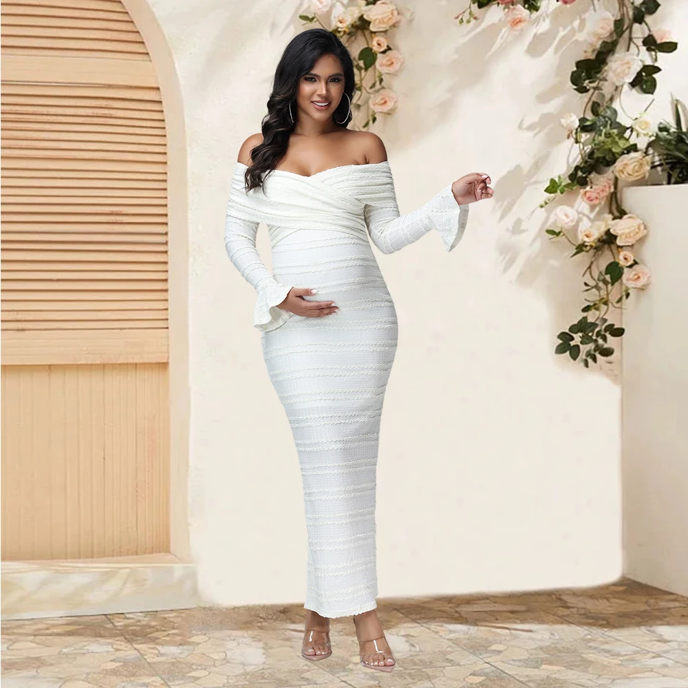 Abito premaman a coda di pesce a maniche lunghe con scollo incrociato Abito autunnale aderente alla moda per donne incinte per servizio fotografico Baby Shower