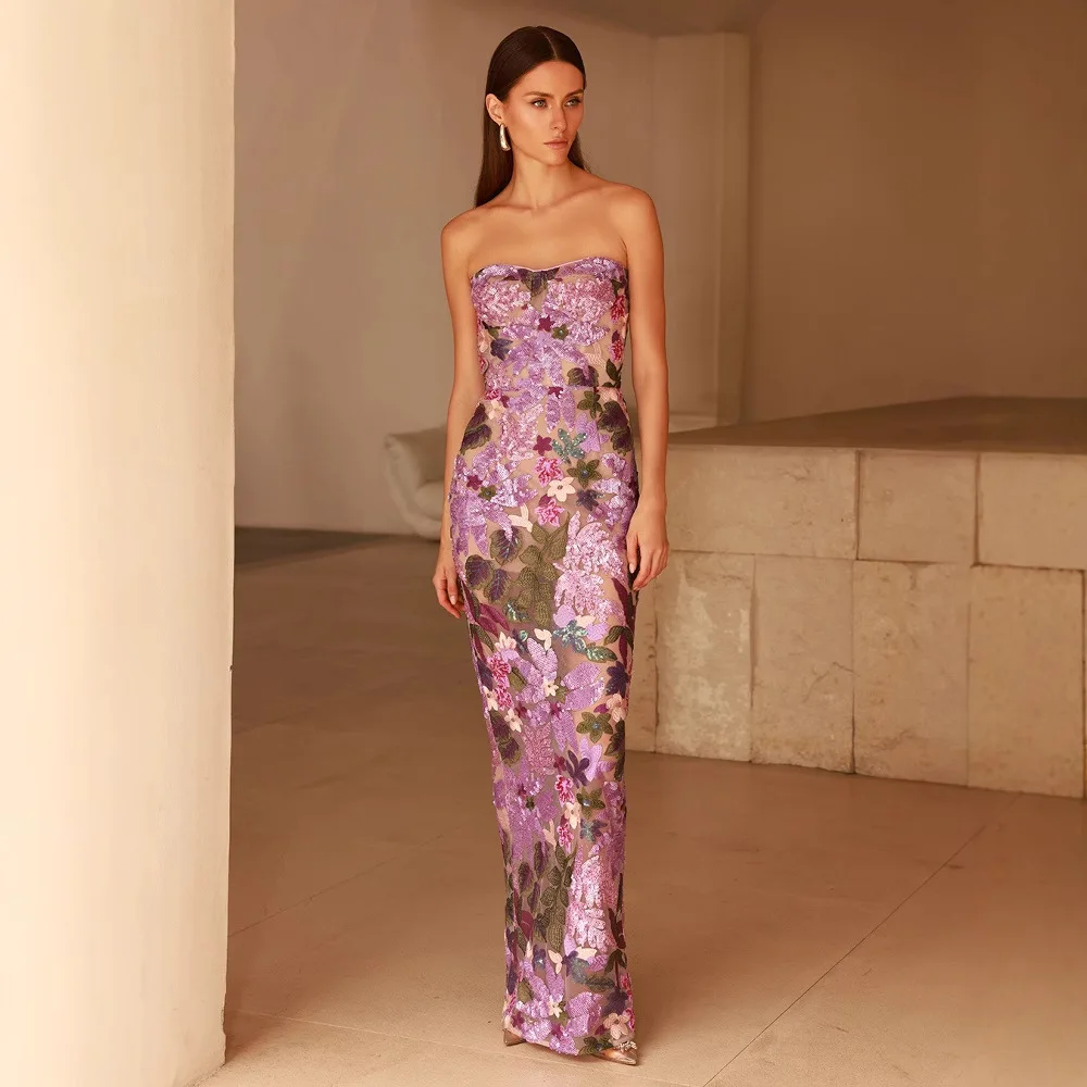 

2025 Summer New Strapless Evening Dresses for Women Luxury Mesh Embroidery Retro Maxi Dress Fashion Celebrity Club Wear Outfits