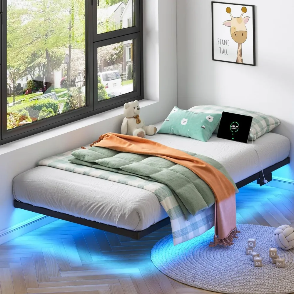 إطار سرير بمنصة عائمة مزدوجة الحجم مع أضواء LED، محطة شحن، ارتفاع 10 بوصة - لا حاجة إلى صندوق زنبركي، سهل التجميع، وضع #6