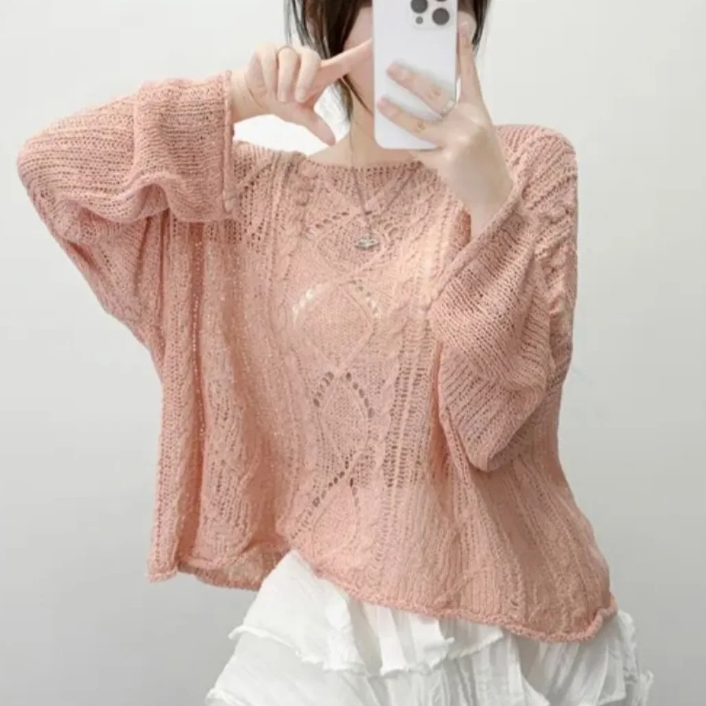 시크한 봄 니트 여성용 자외선 차단 얇은 오버코트 어깨 노출 트위스트 헤드 오버 풋웨어 패셔너블