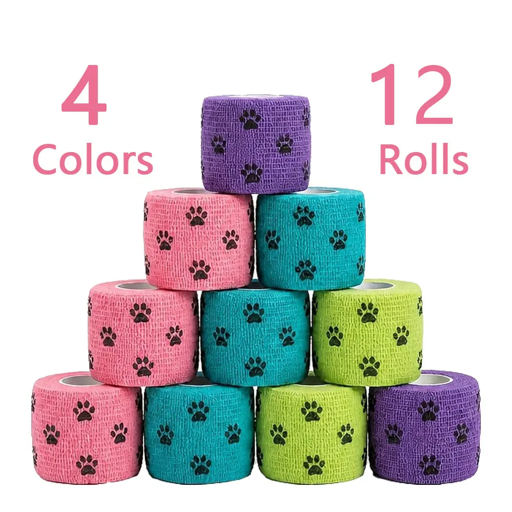 12 Rolls Non-Woven Self Adhesive Bandage Wrap, 4 Colors Claw Print Elastic Cohesive Tape, Breathable Pet Vet Sports First Aid Ta