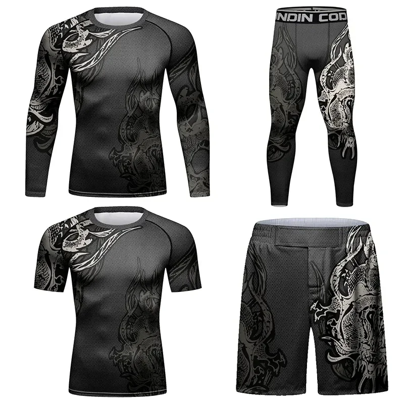 Men Fitness MMA Compression Fight Training T-shirt+Pants Set Sports Boxing T Shirts Wrestling Jiu Jitsu Rashguard Tight Shorts