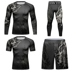 Uomo Fitness MMA Compression Fight Training T-shirt + pantaloni Set sport boxe magliette Wrestling Jiu Jitsu Rashguard pantaloncini attillati