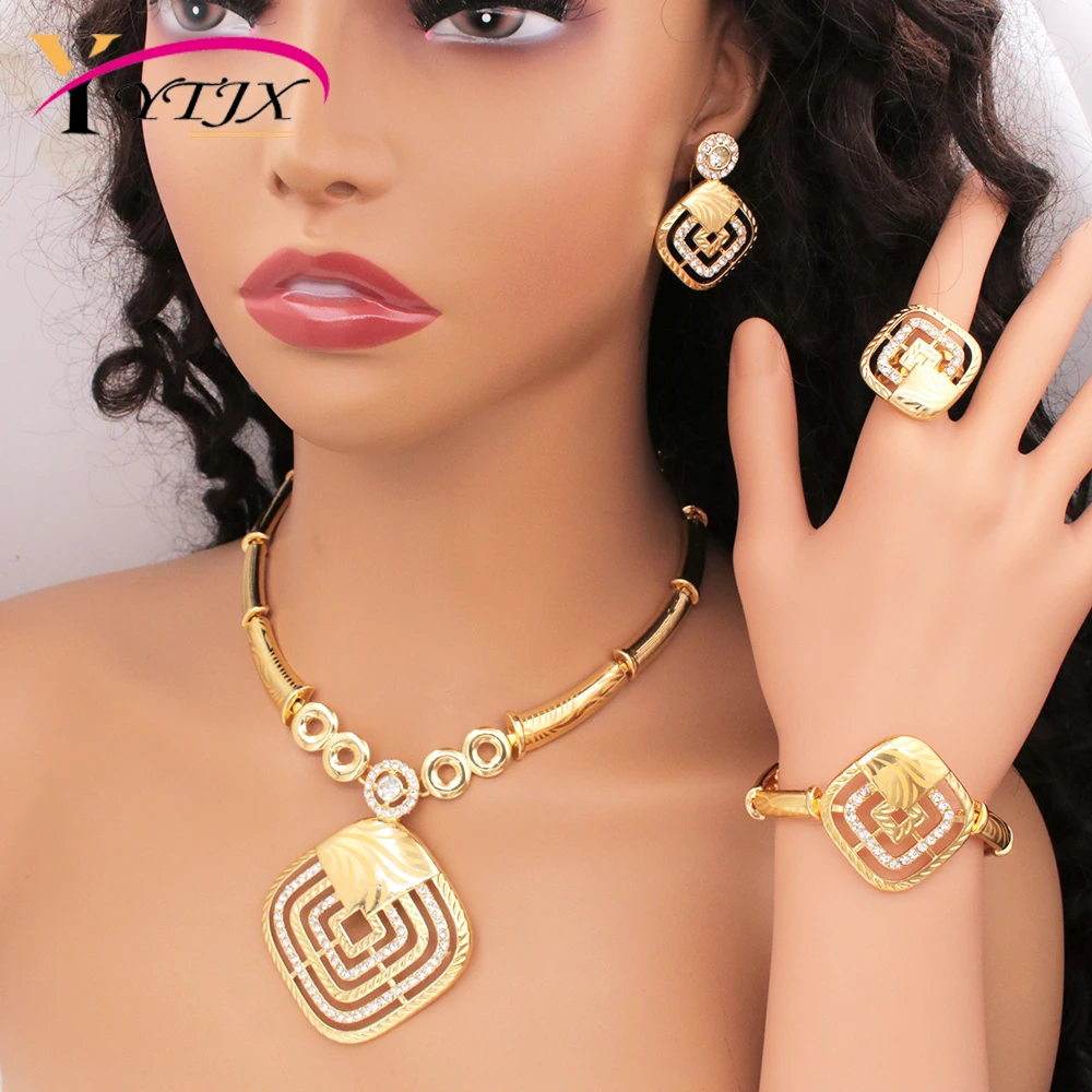 

YTJX 4Pcs African Nigeria Big Jewelry Set Shiny Zircon Large Pendant Necklace For Women Wedding Gift 2025 Statement Present
