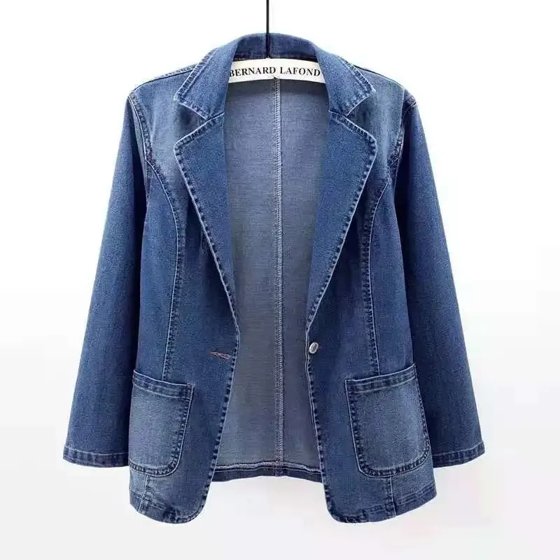 Jaqueta jeans feminina de mangas compridas, blazer de um botão, cardigã vintage, jeans outono, roupas de primavera