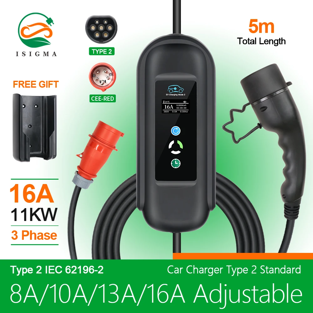 Isigma Portable 11KW 16A EV Portable Charger Type2 IEC62196-2 EVSE Charging Box Electric Vehicle  Cars Charger CEE Plug 5M Cable