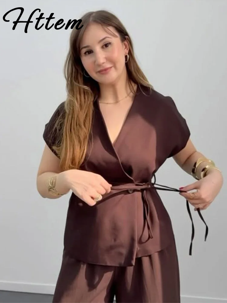 

Casual Brown Shirt Pants Women Set Short Sleeve Lace Up Shirts Pleated Wide Leg Trousers Female 2025 Spring New Lady Suit