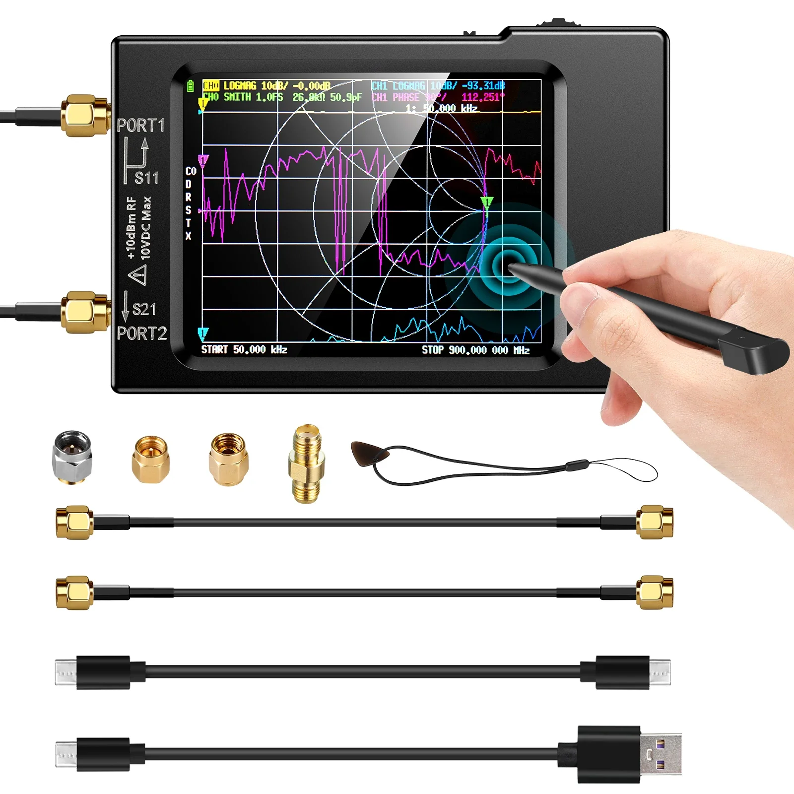 Analizator sieci antenowych NanoVNA-H Vector 10KHz-1.5GHz MF HF VHF UHF z obudową, gniazdem na kartę SD do 32G, cyfrowy tester Nano VNA-H