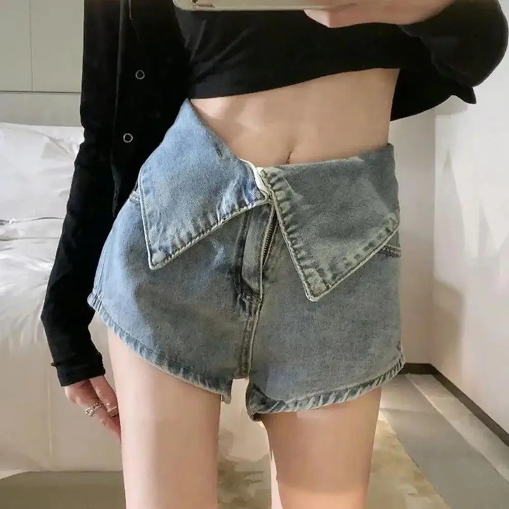 

High Waist Shorts Women's with Lapel Trim Multiple Pockets Zipper Fly Summer Thin Loose 치마바지 Streetwear