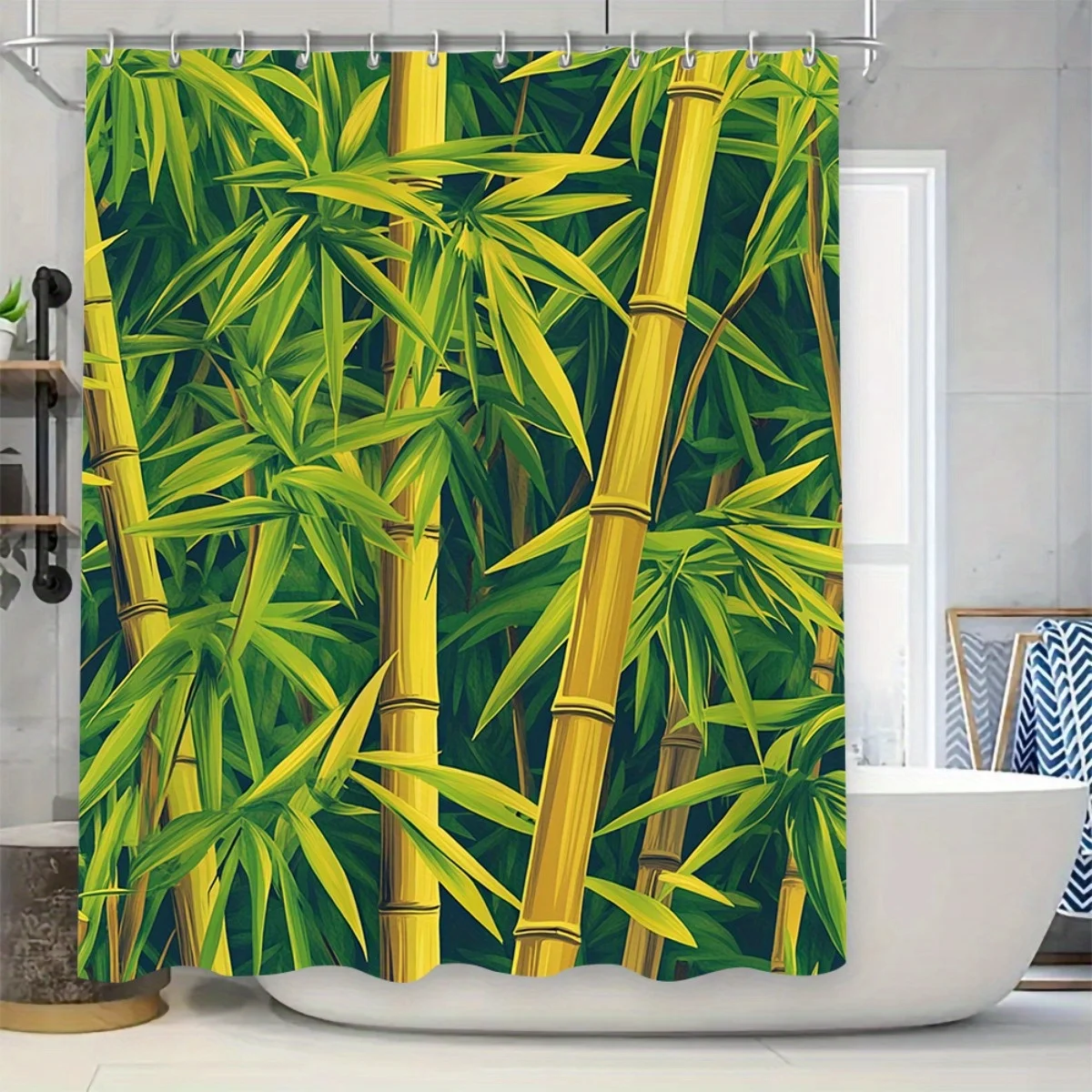 4pcs Fresh and comfortable Beautiful Bamboo Forest Themed High Quality Shower Curtain and Non-Slip Absorbent Bath Mat Set
