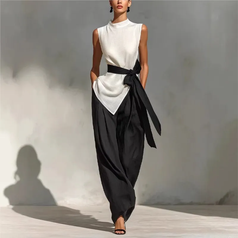 

Fashion Commuting Two Piece Suit 2026 Outdoor Women's Elegant O-neck Sleeveless Lace-up Vest Top+Wide-leg Pants Set High Street