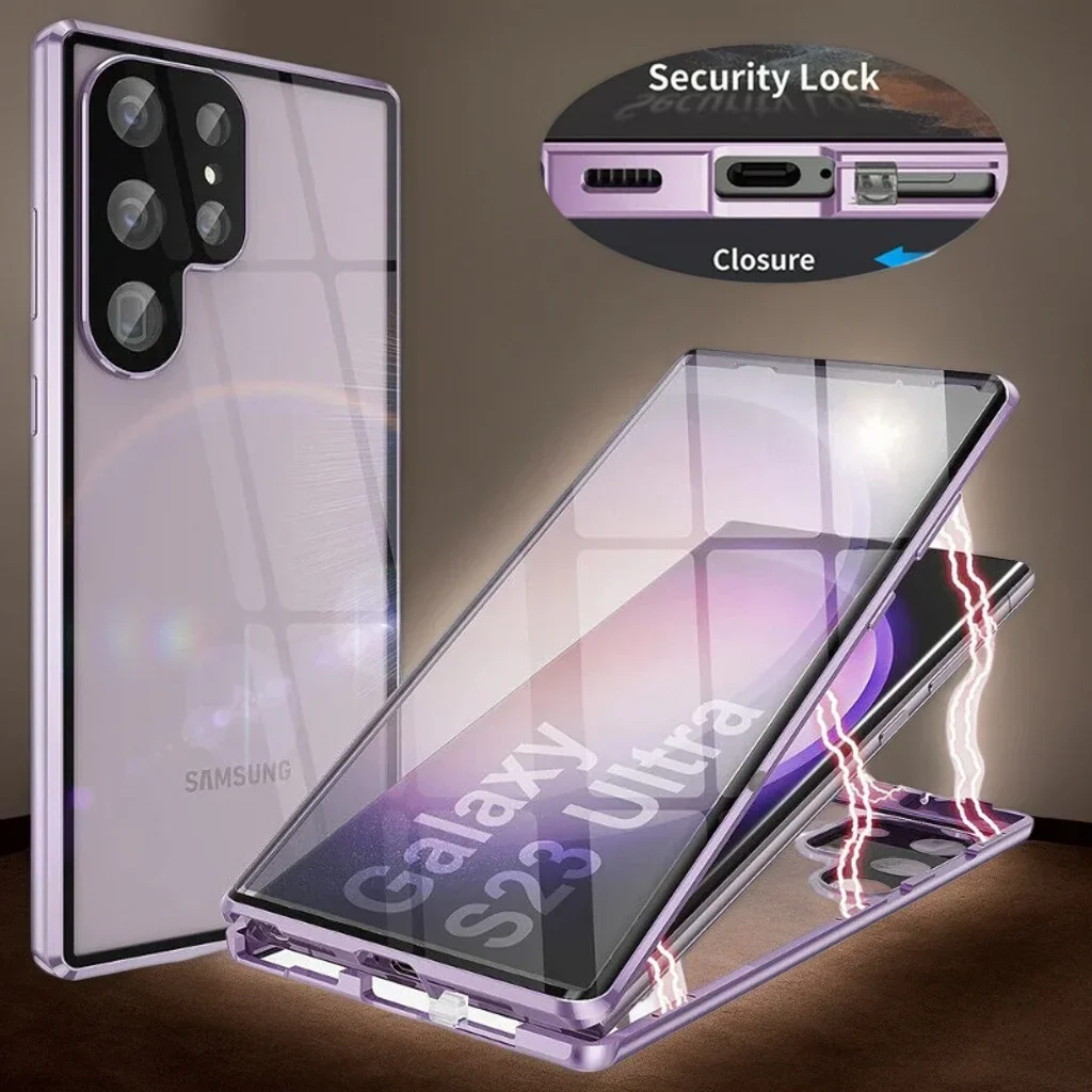 Magnetic Metal Frame Phone Case for Samsung Galaxy S22 Ultra S23 Plus S24 FE S25 Double Sided Glass Full Body Protective Cover