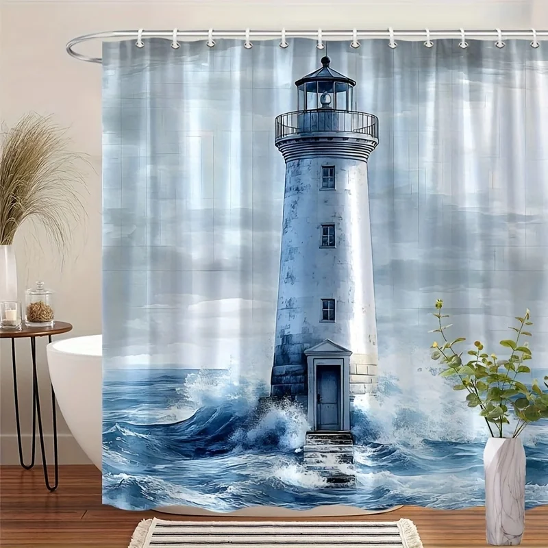 1pc Shower Curtain Featuring a Graphic of Crashing Waves And a Lighthouse, Perfect for Ocean-Themed Bathroom Decor. It Comes wit