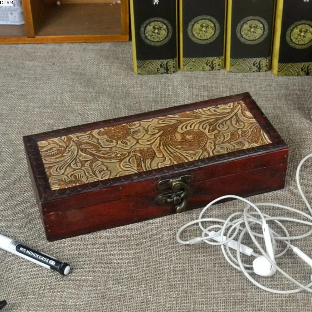 

Wooden Antique Pen Box Desktop Holder Rings Necklaces Desktop Storage Box Vintage Retro Jewelry Organizer Office Supplies