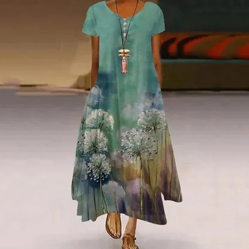 Imagen 2 del producto Vestido de manga corta con estampado de diente de león para mujer, vestido largo informal de verano, a la moda