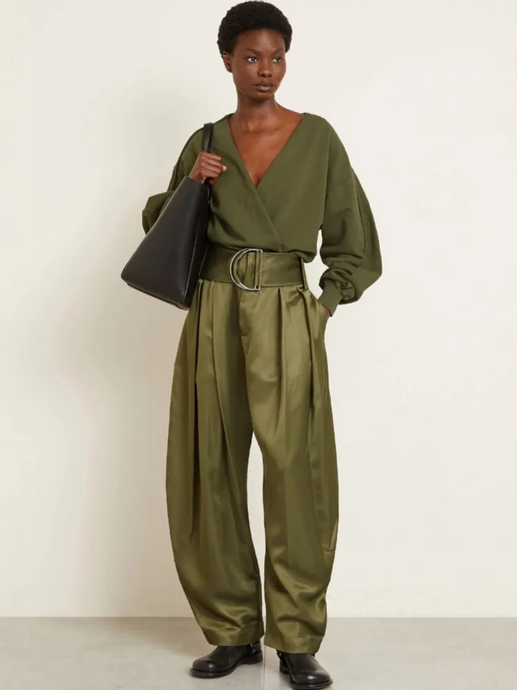 여성용 반짝이는 아미 그린 카프리 팬츠 하이웨이스트 바지 오피스 워크 레이디 풀 렝스 가을 바지 카프리 2026 봄 여름