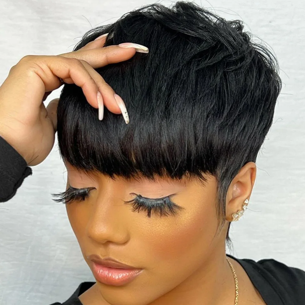 

Парики с стрижкой пикси для чернокожих женщин Короткие парики из натуральных волос с челкой Короткие многослойные парики Бразильские человеческие волосы Полный машинный парик