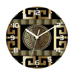 Luxury Black Gold Greek Key Meander Wall Clock Watch for Living Room Home Decor Modern Digital Round Wall Clocks 10 12 14 inch