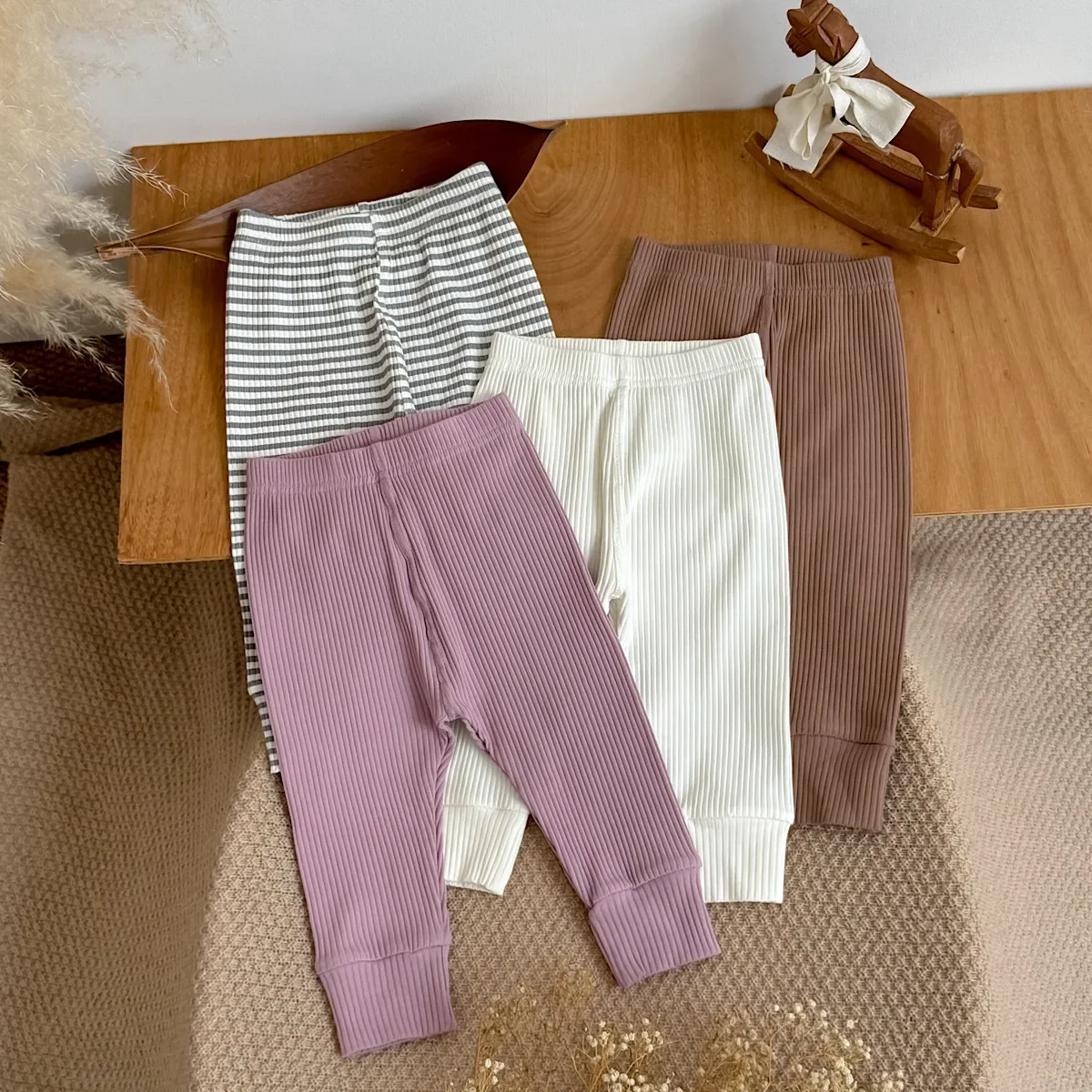 Infant Girls 4Pcs Ribbed Leggings Set Toddler Solid Striped Soft Elastic Autumn Casual Pants