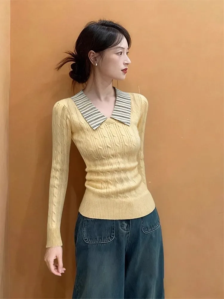 

Korean Sle Sweet Yellow V-Ne Knitwear Women's Autumn Winter Slim Fit Base irt Beautiful Sweater Inner Wear Top