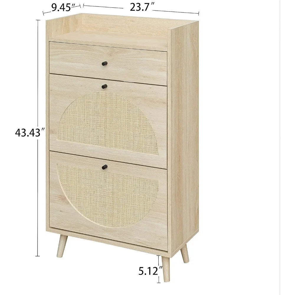 Rattan Shoe Cabinet with 2 Flip Drawers, 2-Tier Shoe Rack Storage Cabinet for Heels, Slippers, Free Standing Shoe Rack