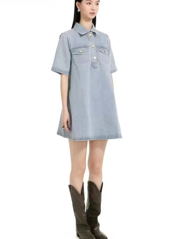 

2024 Early Autumn New Style Women Denim Fabric Large A Version Slimming and Playful Age-reducing Denim Dress