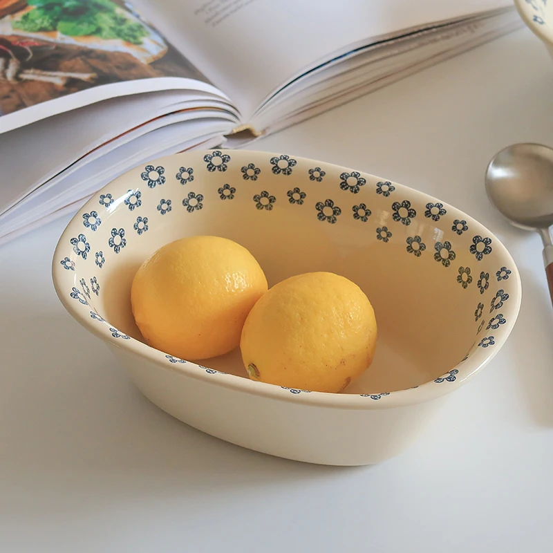 Cuenco profundo para bañera de flores azules pequeñas Retro japonés, cuencos de sopa ovalados para el hogar, cuencos para ensalada de frutas de gran capacidad de cerámica de alta calidad