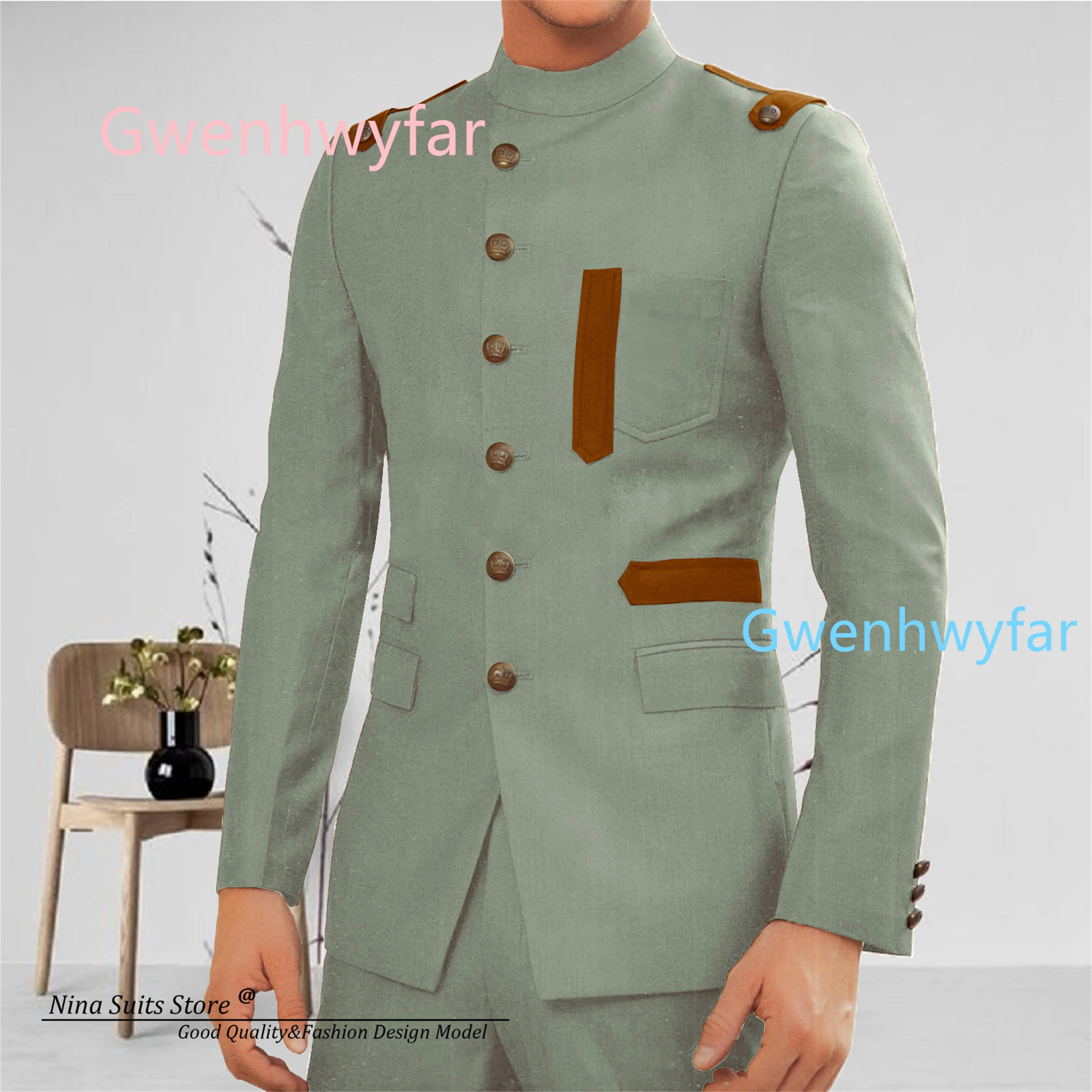 Gwenhwyfar 2026 New Arrival Royal Blue Men Suits Stand Collar Blazer with Slim Pants Cool Men Party Suits with Mixed Color Line