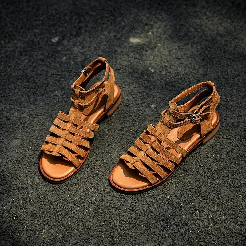 

Summer Sandals Open Toe Shoes Woman Retro Ladies Cowsuede Spring Shoes Roman StyleWomen Sandals Vintage Gladiator Buckle Strap