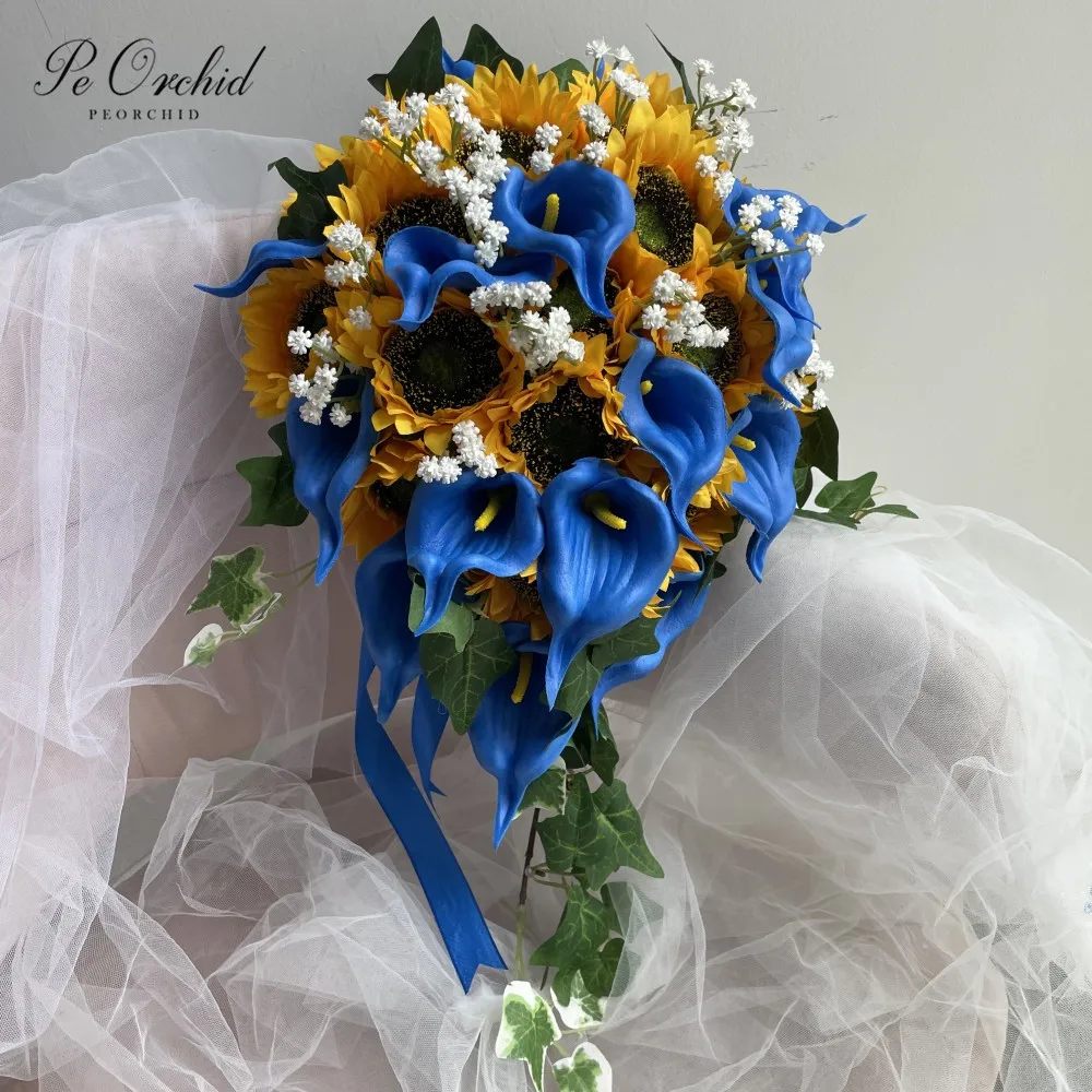 PEORCHID Sunflowers Cascade Bridal Bouquet Royal Blue Ramos Para Novia Bridesmaid Flower Bouquet Wedding Decoration For Ceremony