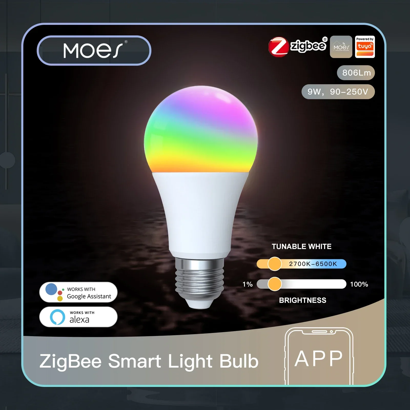 

MOES 1-9PCS 9W AC90-240V Tuya ZigBee Умная светодиодная лампа RGB E27 с регулируемой яркостью Приложение Пульт дистанционного управления Alexa Google Home Голосовое управление