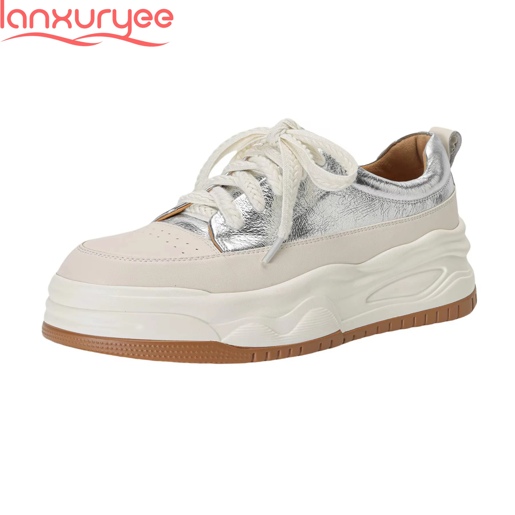 

Lanxuryee 2025 Cow Leather Thick Bottom Casual Shoes Spring Fall Fashion Sneakers Lace Up Luxury Student Women Vulcanized Shoes