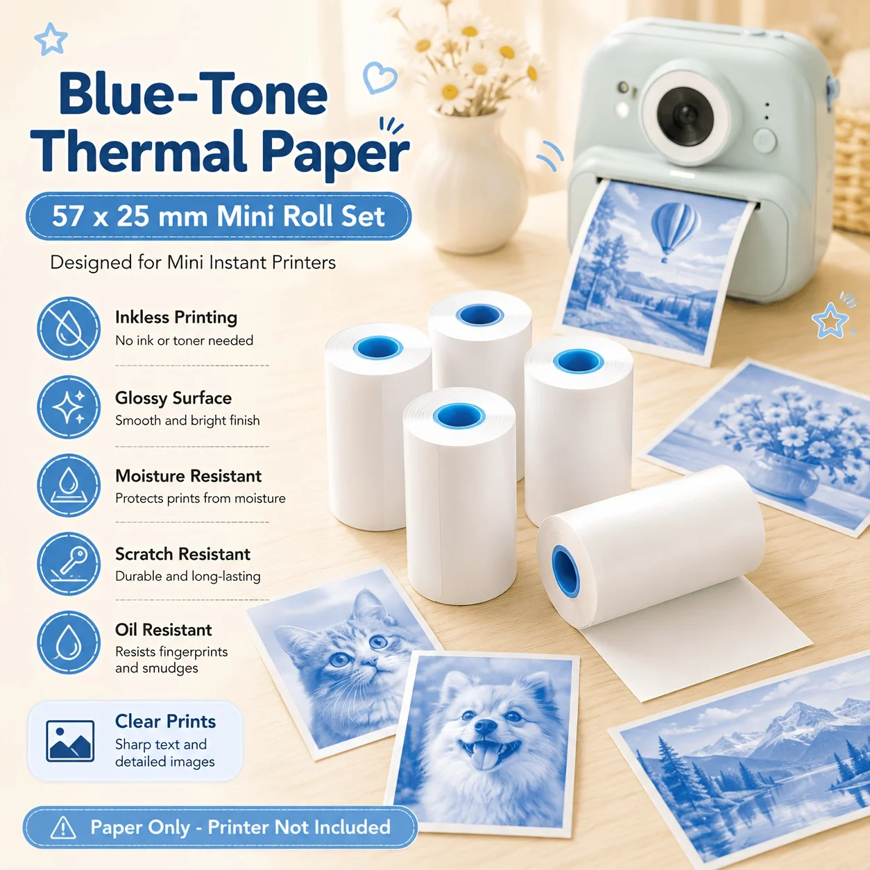 57x25mm Blue Color Thermal Photo Paper Roll Printable Self Adhesive Compatible for Instant Print Mini Camera Portable Printer