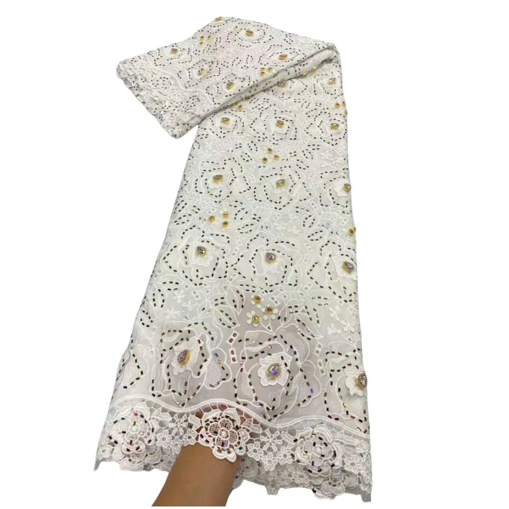 قماش دانتيل أفريقي 2025 جودة عالية، أقمشة قطنية بالمتر، تطريز، حجر الراين، كتان، فساتين حفلة موسيقية، تول، تصميم، 5 ياردات #5