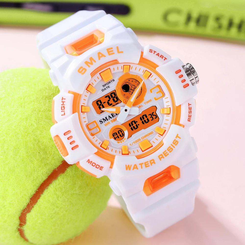 SMAEL-relojes deportivos a la moda para mujer, pulsera multifuncional LED Digital de cuarzo, resistente al agua, color blanco