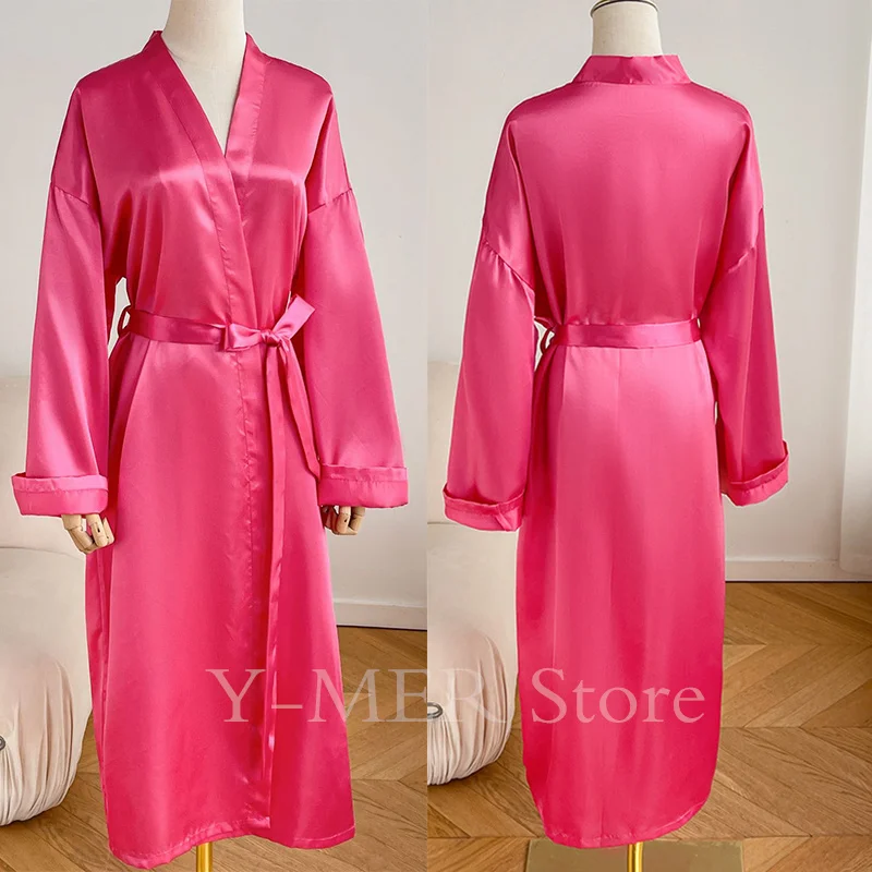 Satin Robe Hot Pink Kimono Women Long Bathrobe Gown Summer Bride Wedding Dress Gift Lady Casual Homedress Loose Sleepwear