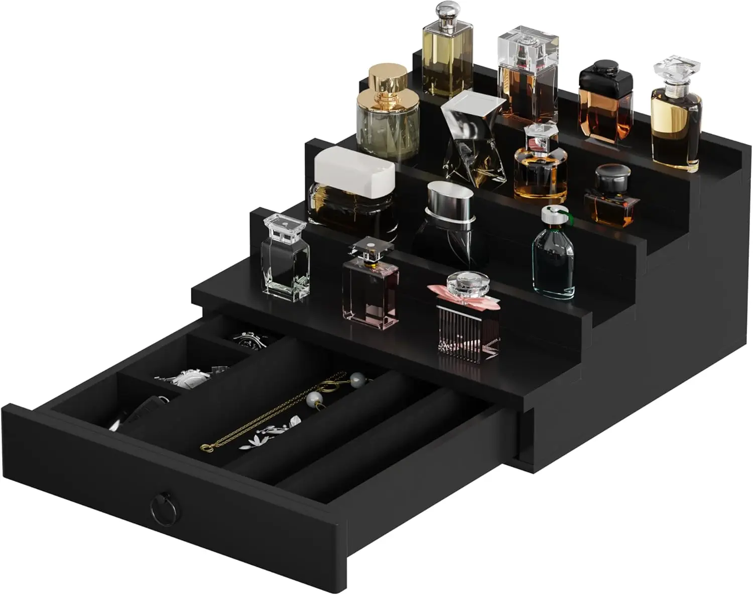 

Cologne/Perfume Organizer, 4-Tier Storage Drawer with Hidden Compartments, Soft-Lined Display Case (Black)