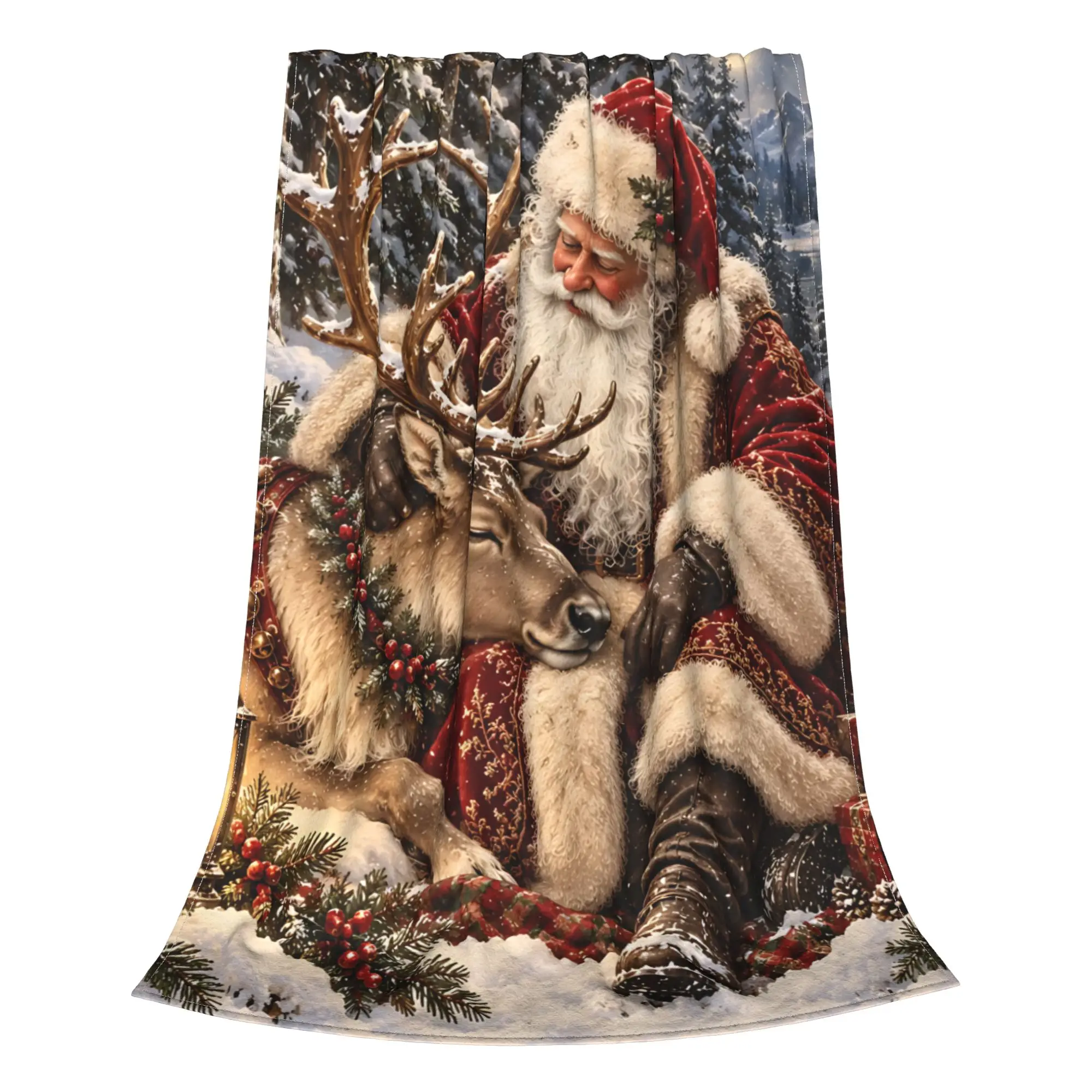 1PC Home Cutecore Vintage Christmas Clipart Bundle Santa & Reindeer  Blanket Super Cosy Plush Home Living Room Sofa halloween