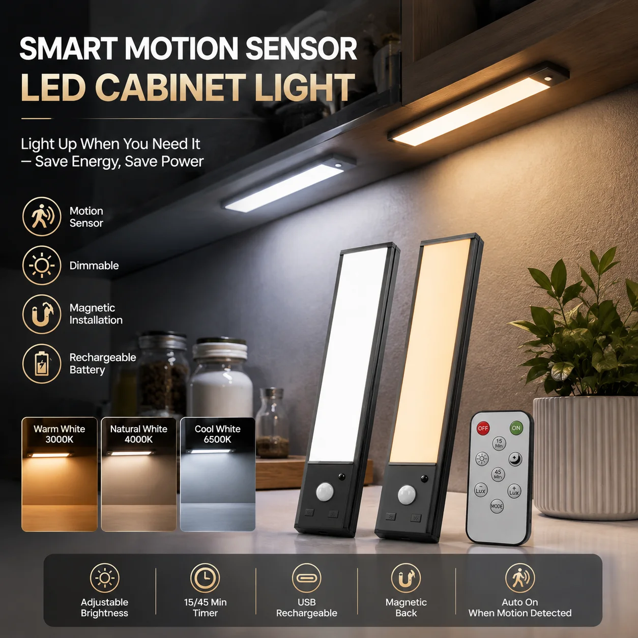 20-30cm Wireless LED Cabinet Lights Motion Sensor LED Bar Light Rechargeable Magnetic for Kitchen Closet Night Light Indoor