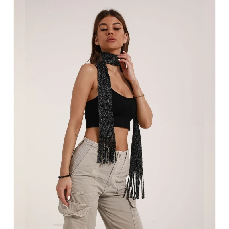 Y2K Harajuku Style Choker Scarf with Tassels Women Autumn Winter Solid Color Long Skinny Neckerchief Lady Thin Blingbling Scarf