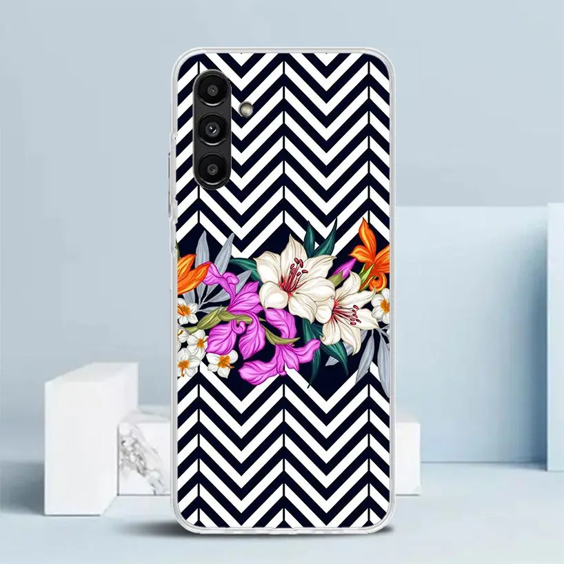 Black White Stripes Flower Phone Case For Samsung Galaxy A15 A14 A13 A12 A55 A54 A53 A52 A35 A34 A33 A32 A25 A24 A23 A22 A04S A0 image 6