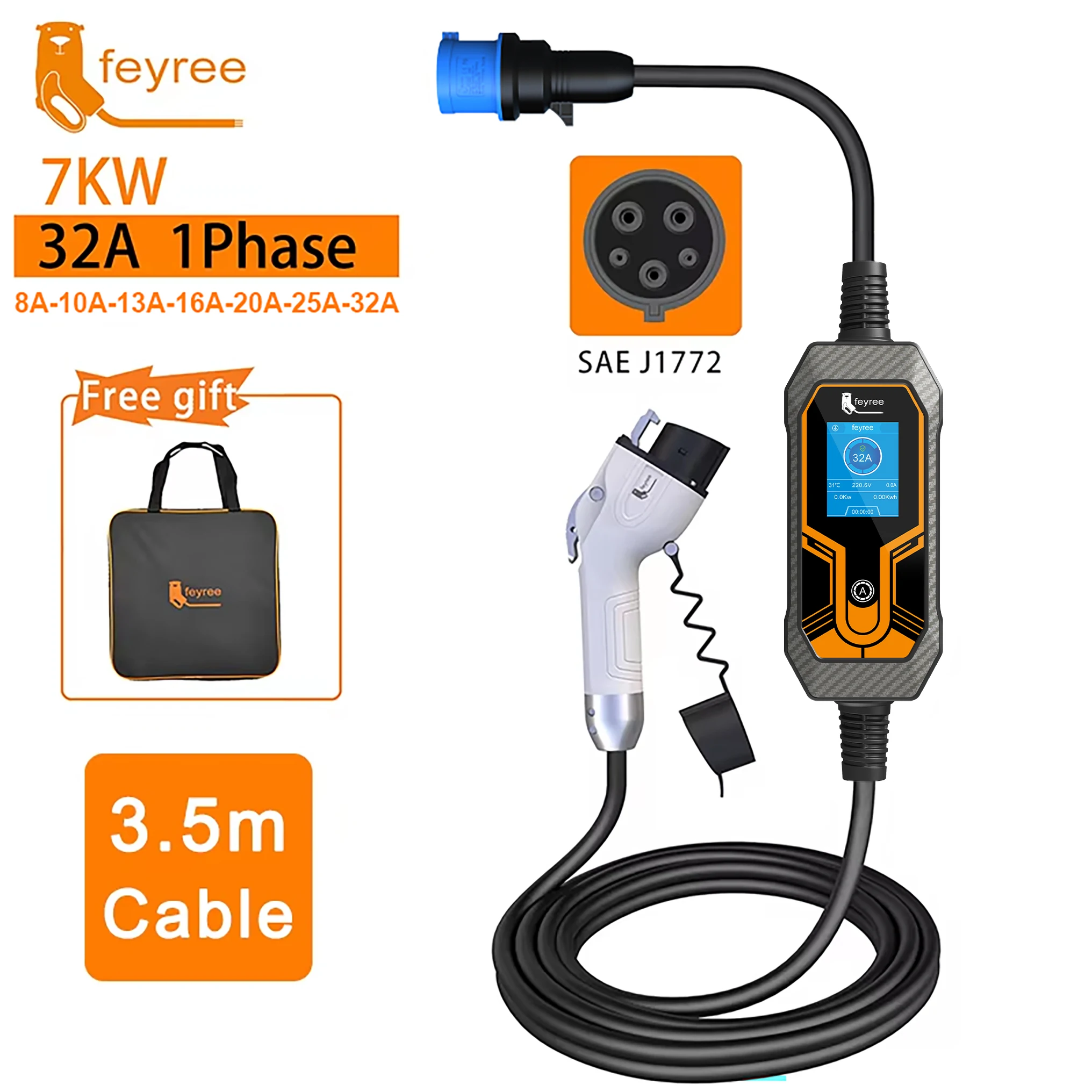 Feyree Draagbare EV-lader Wallbox Type2 Kabel 32A 7KW met CEE Stekker EVSE Type1 Laadbox J1772 Adapter voor Elektrische Voertuigen