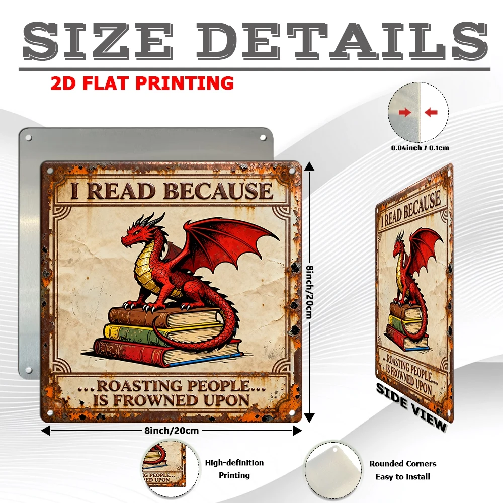 Vintage Metal Aluminum Decorative Sign, Featuring A Dragon and Humorous Quotes about Reading, Suitable for Reading Corners